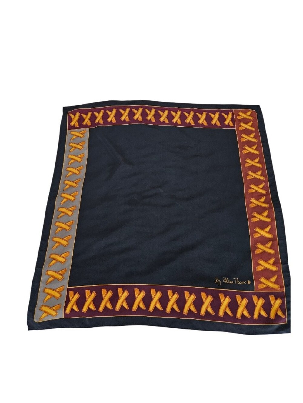 By Paloma Picasso 100% Silk Squere  Black Scarf with Burgundy and Gold Trim
